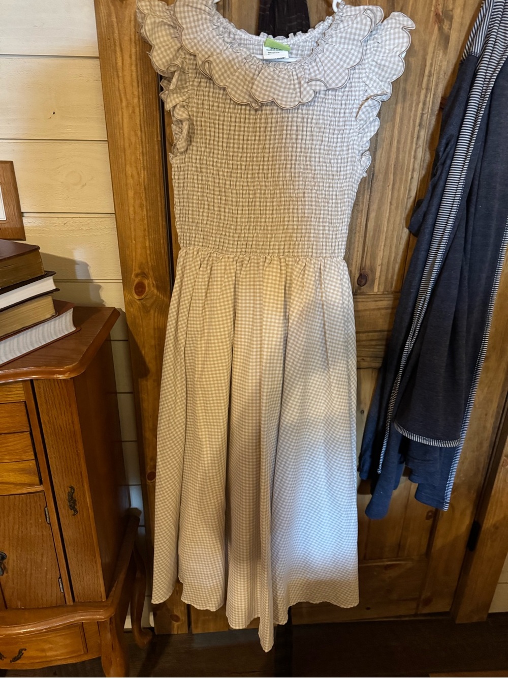 Gingham Ruffled Neck Midi Dress in Light Beige